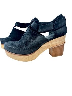 Antelope Black Leather Suede Wood Platform Clogs Shoe Sandal Size 39 8-8.5